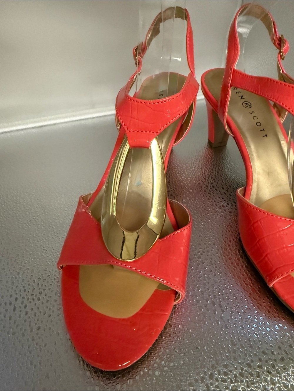 Karen Scott Red Slingback Heels with Gold T-Strap